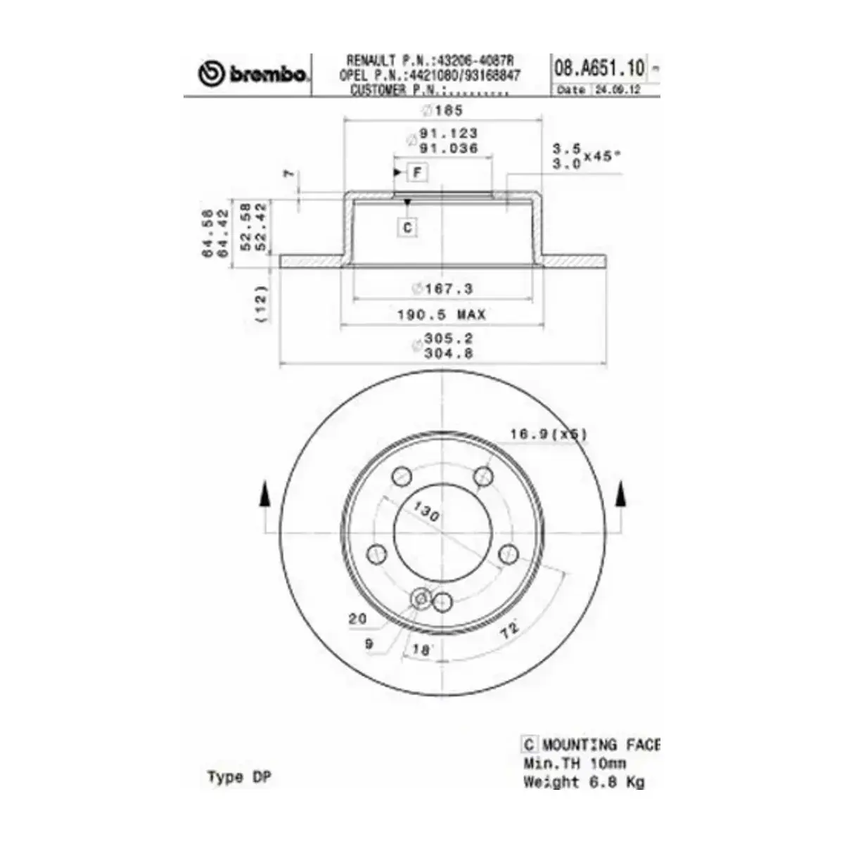 432064087R FREN DISKI ARKA DELIKSIZ MASTER MOVANO NV400 10=> ( 5 BIJON TEK TEKER ) TRW